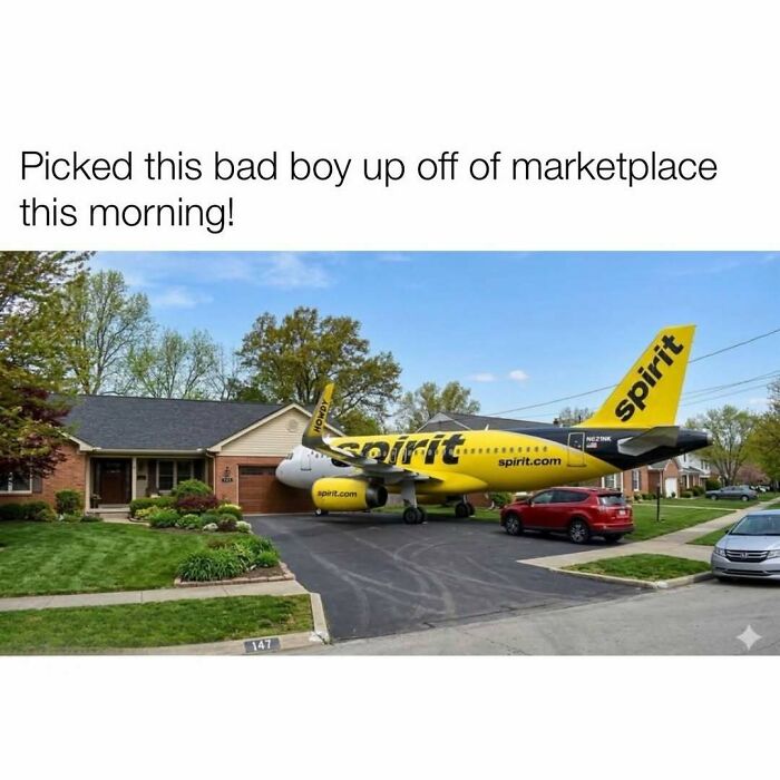 Spirit airplane parked in driveway marketplace pickup meme