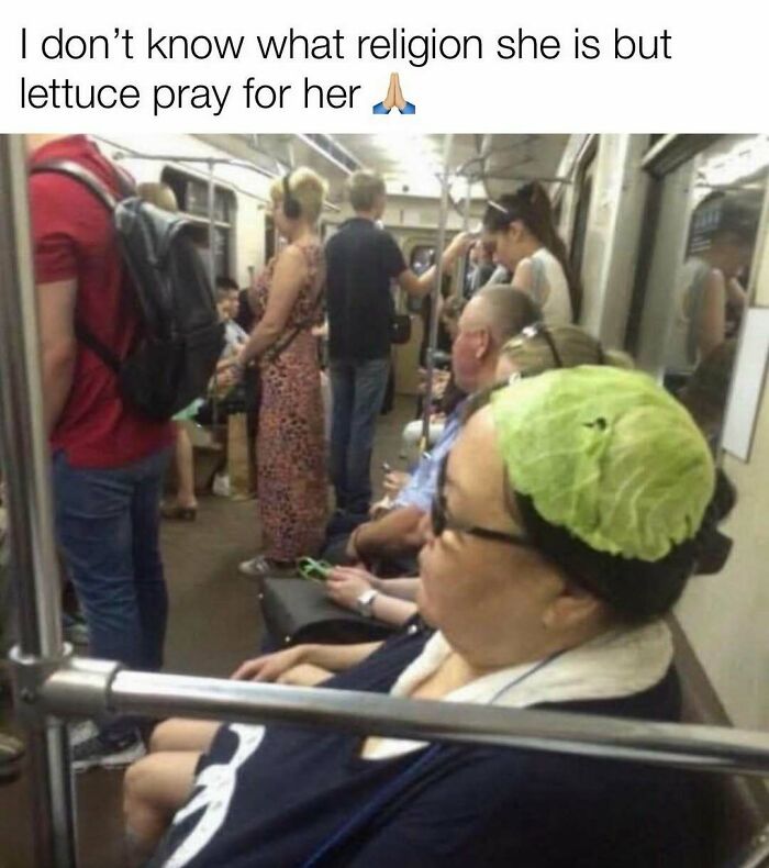 Woman on subway wearing lettuce on head lettuce pray meme