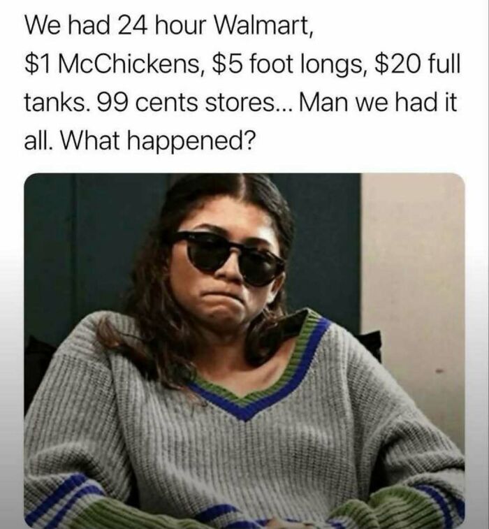 Woman recalling nostalgic cheap prices at stores and fast food
