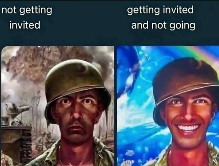 Random images showing feelings about not getting invited versus not going