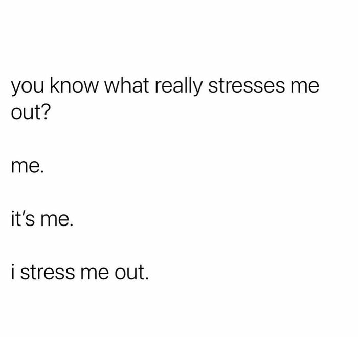 Text meme about self-stress with random ridiculous memes