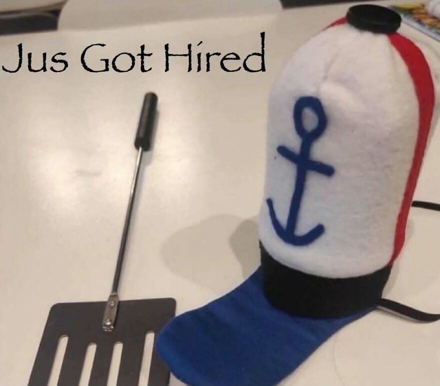 Weirdly relatable unhinged post showing a spatula and nautical hat with text