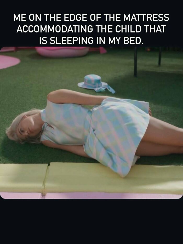 Mom on edge of mattress meme accommodating child in bed