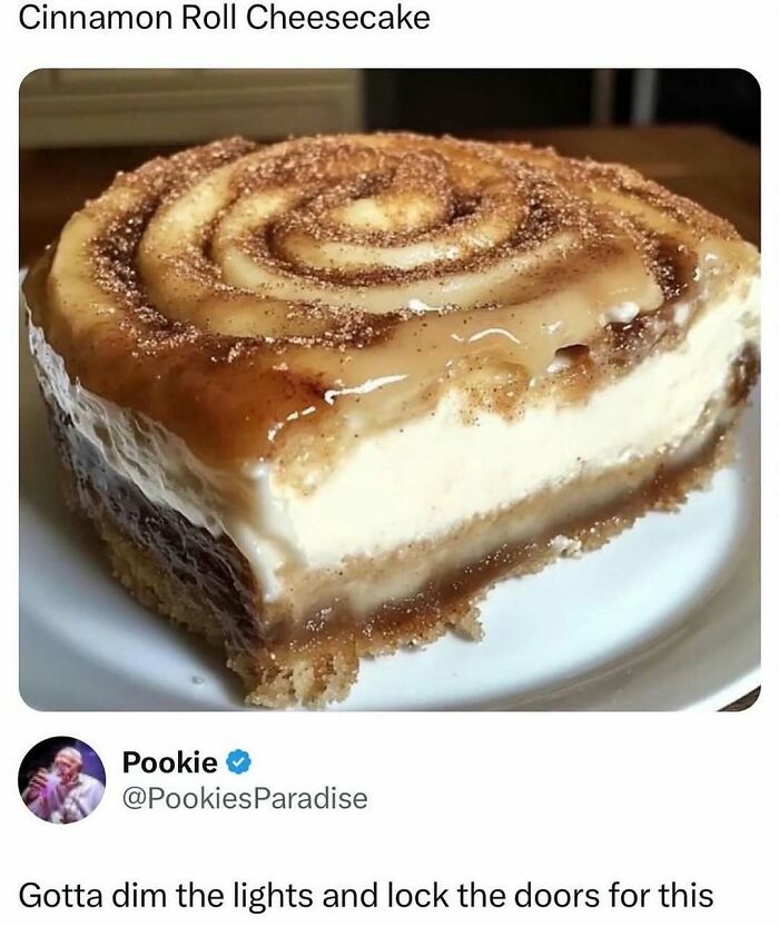 Close-up photo of cinnamon roll cheesecake in cooking memes