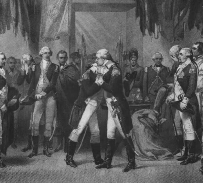 Historical illustration showing 18th century military leaders meeting