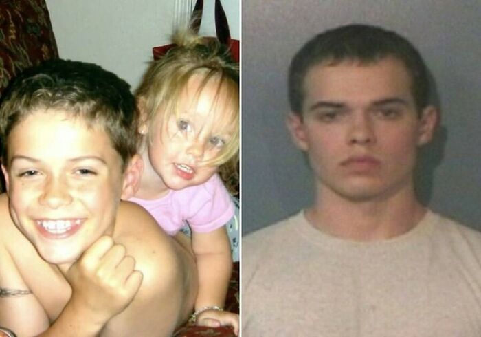 Before and after photos showing childhood and adult of a person
