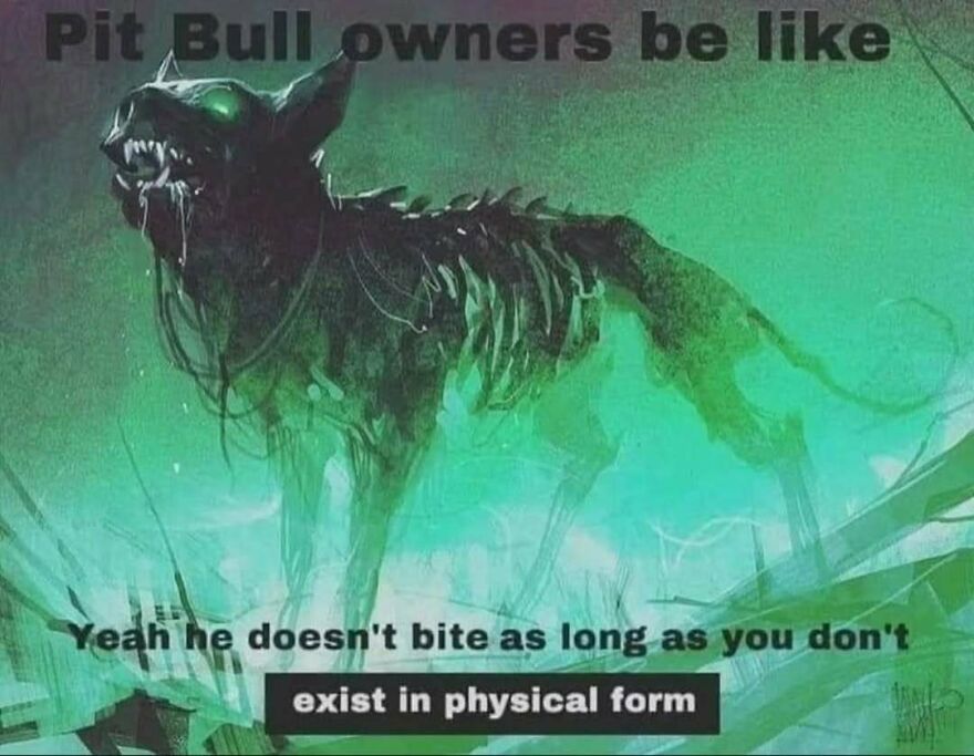 Creepy glowing-eyed dog meme about pit bull owners and biting