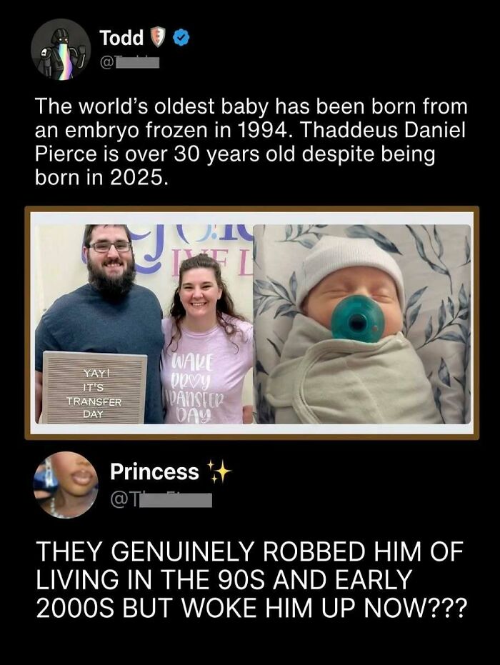 Oldest baby born from frozen embryo discussed in savage and clever comments