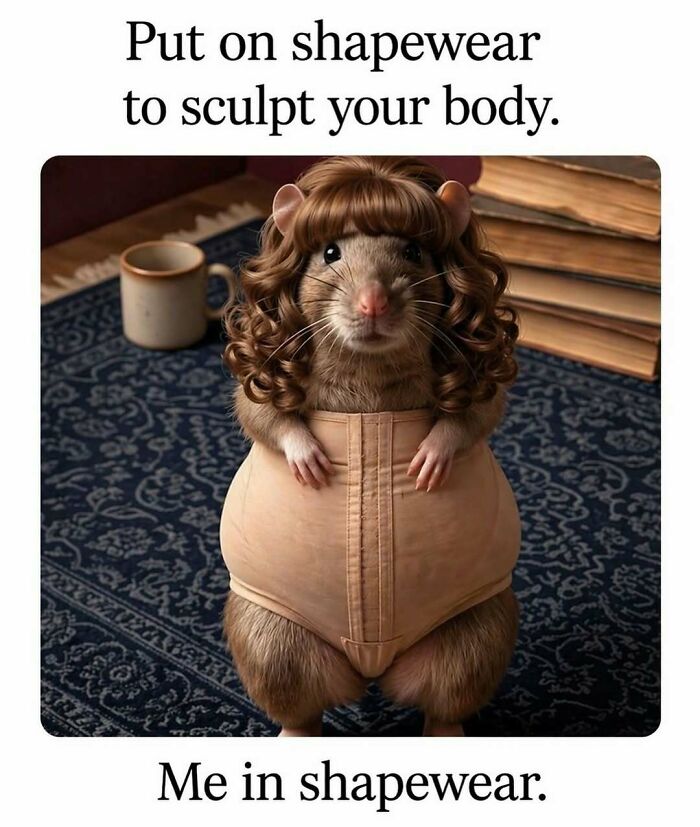 Humorous meme with a rat in shapewear and a curly wig, captioned "Me in shapewear." Brings out laughter.