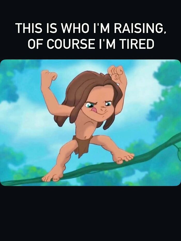 Animated character balancing on tree branch illustrating tiredness in motherhood meme