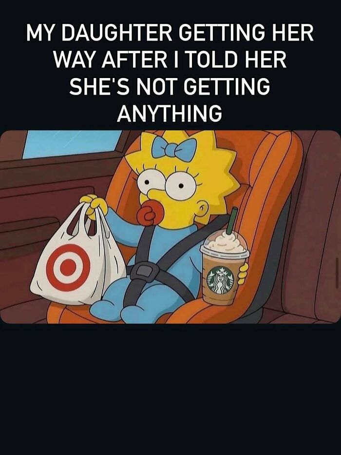 Funny mom meme of toddler holding Target bag and Starbucks, getting her way