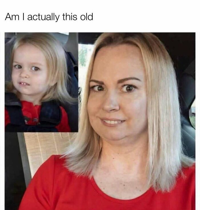 Meme comparing a little girl to adult woman face, questioning age, random meme