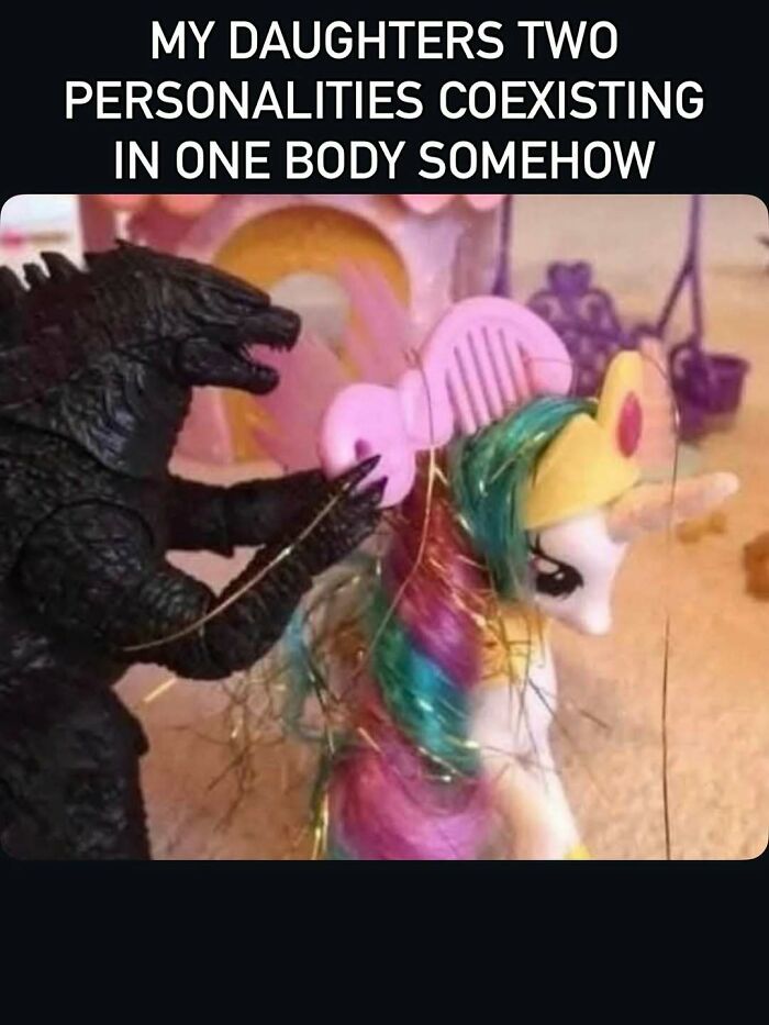 Funny mom meme showing Godzilla grooming a toy pony representing dual personalities