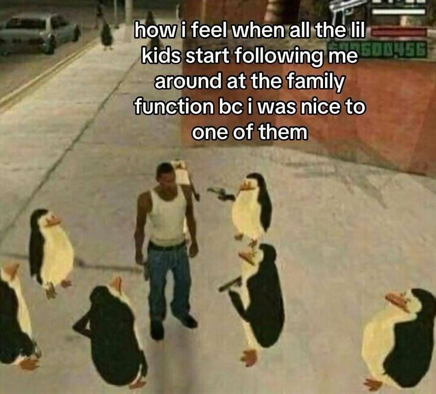 Gaming character surrounded by penguins at family event, humorous relatable unhinged post