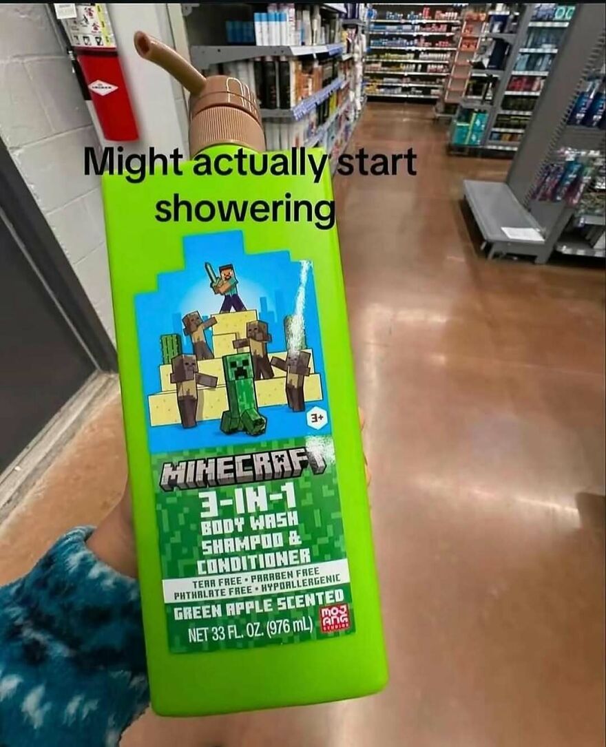 Minecraft 3-in-1 body wash shampoo and conditioner bottle in funny unhinged posts