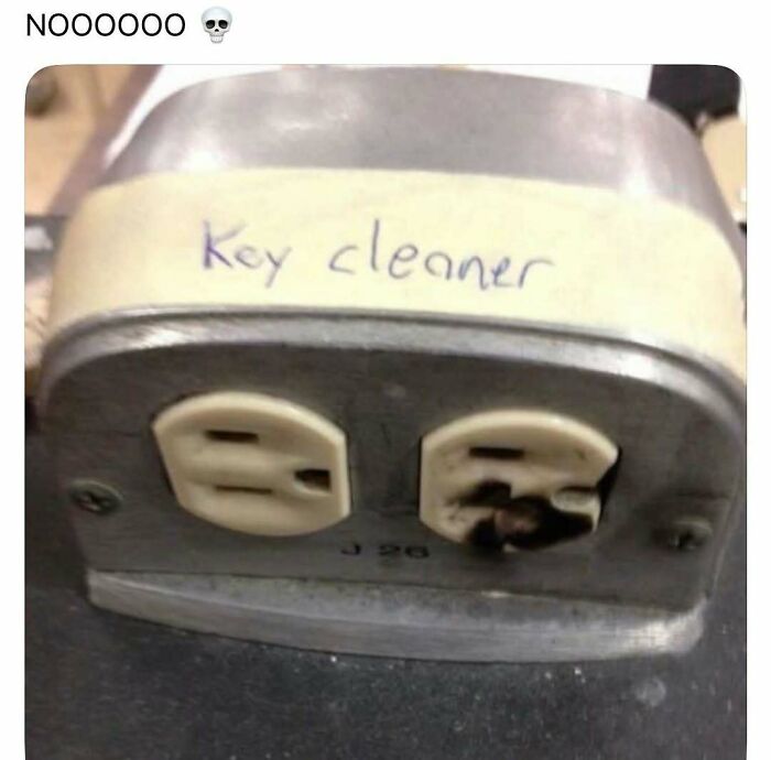 Burnt electrical outlet labeled key cleaner funny meme