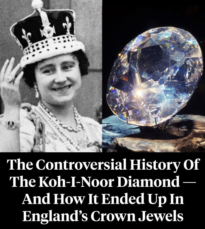 Historic photo of Queen and the Koh-I-Noor diamond in England's crown jewels