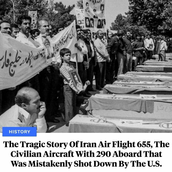 Mourners stand beside coffins in a tragic Iran Air Flight 655 memorial
