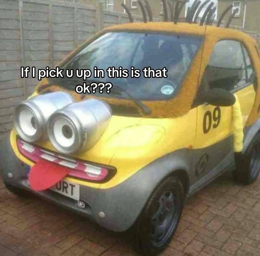 Weirdly funny meme featuring small car decorated like a minion