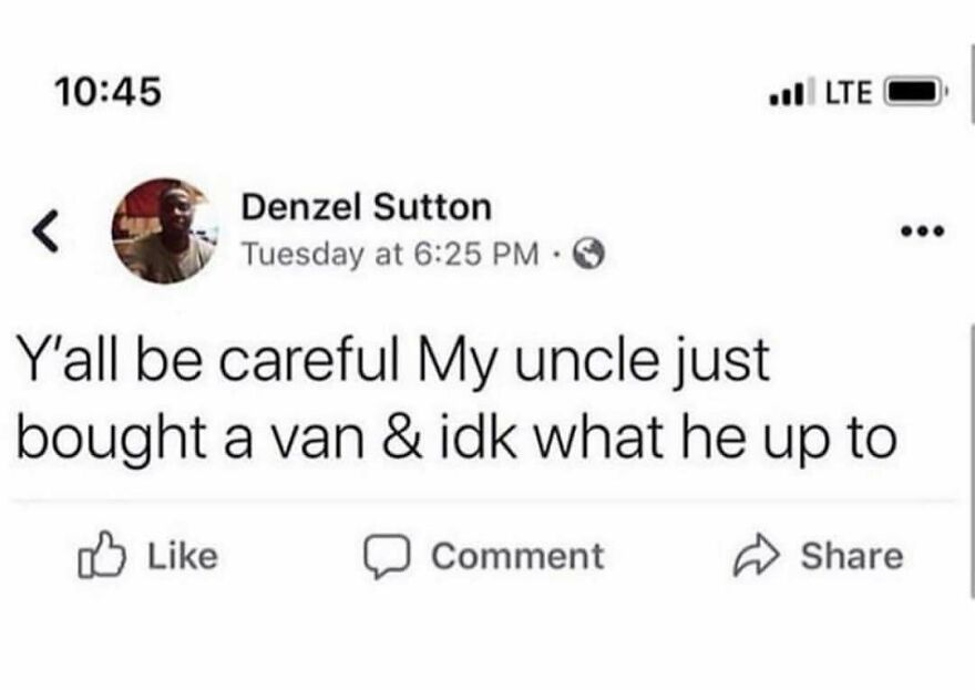 Unhinged post warning about uncle buying a van and suspicious plans