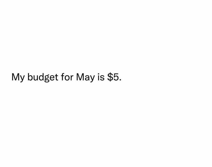 Humorous budget meme stating May budget is five dollars