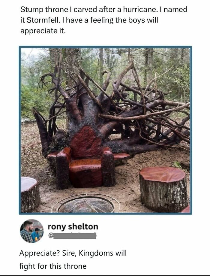 Carved tree stump throne named Stormfell after a hurricane