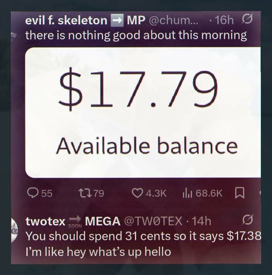 Funny tweet showing $17.79 available balance with humorous comment