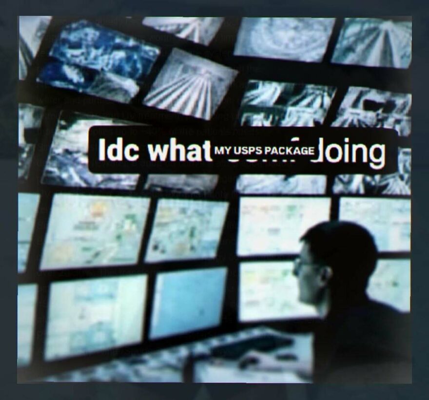 Person monitoring multiple screens with caption about USPS package