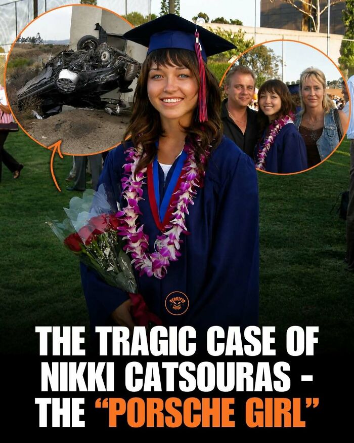 Graduating woman with insets of car accident and family, Porsche Girl tragedy