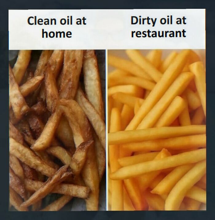 Comparison of fries cooked in clean oil at home versus dirty oil restaurant