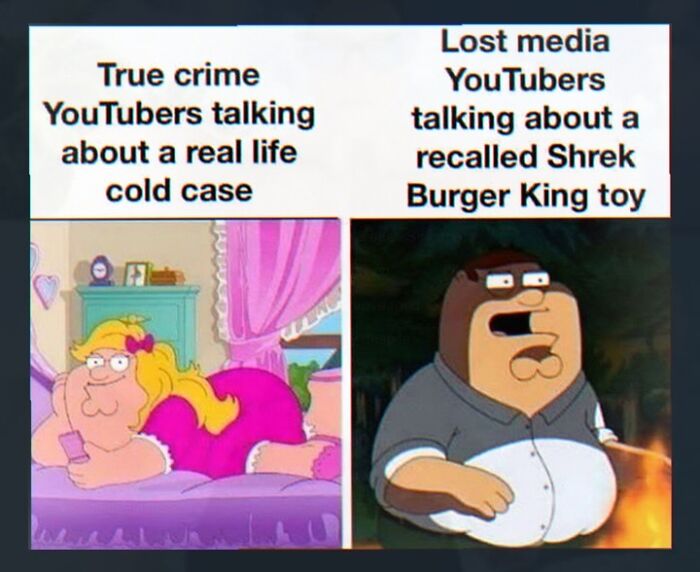 Meme comparing true crime YouTubers to lost media YouTubers discussing bizarre recalled toys