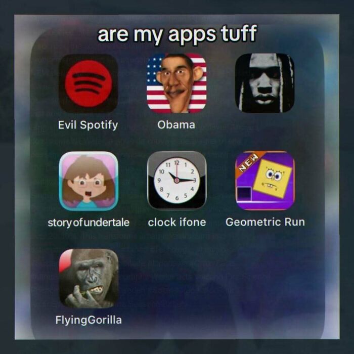 Funny app icons including Evil Spotify and Flying Gorilla
