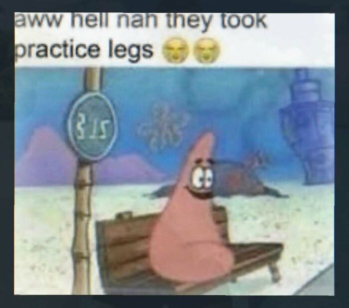 Patrick Star sitting on bench with missing practice legs