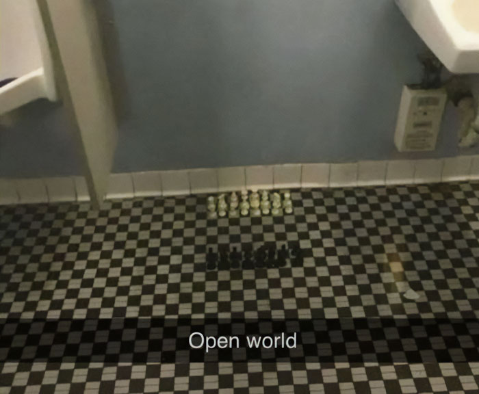 Chess pieces arranged on a bathroom floor with caption open world
