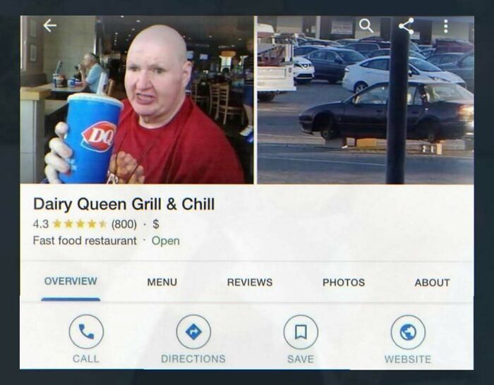 Screenshot of Dairy Queen Grill and Chill review with unrelated images of man and car