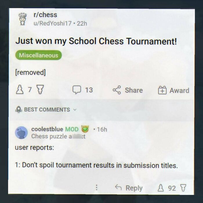 Reddit screenshot about a school chess tournament with user report warning