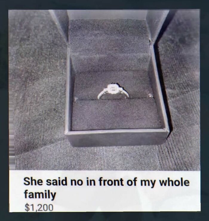 Engagement ring in box with caption about rejection in front of family