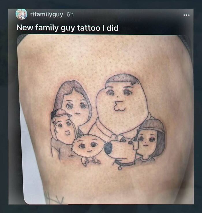 Outline tattoo of Family Guy characters on skin