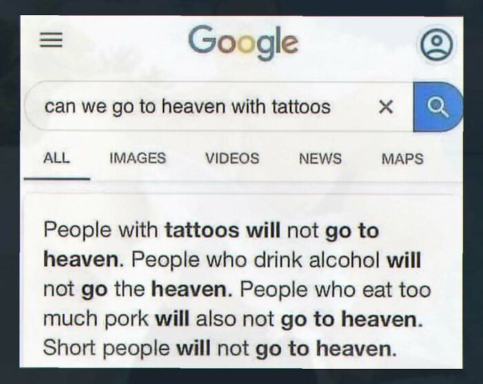 Google search result humor on tattoos and who goes to heaven