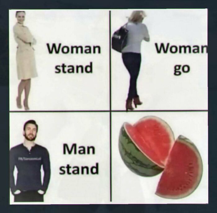 Meme comparing woman standing and walking to man standing and watermelon