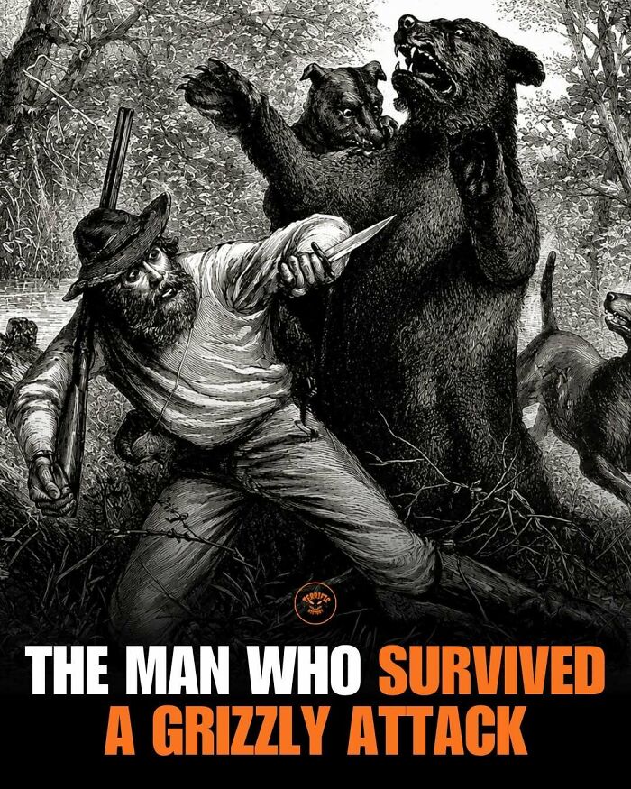 Illustration of a man surviving a grizzly bear attack with dogs around
