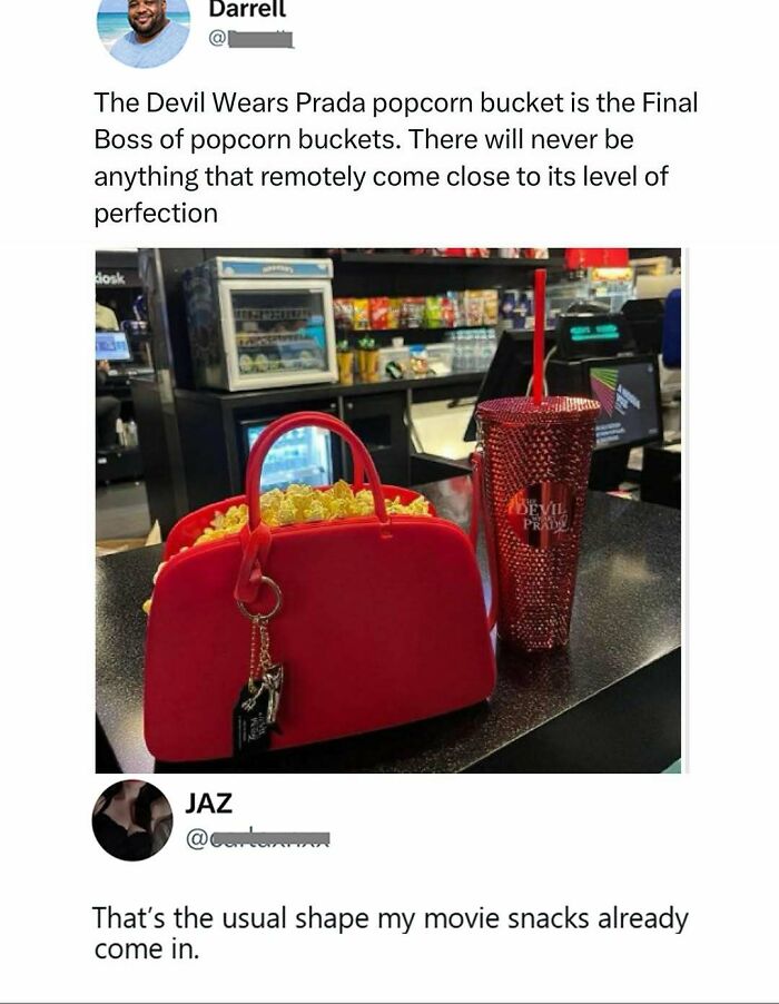 Savage tweet praising Devil Wears Prada popcorn bucket as the ultimate popcorn bucket