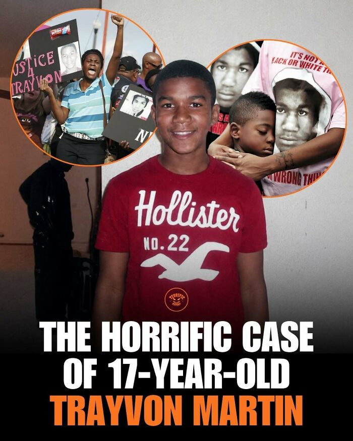 Trayvon Martin smiling with a protest for justice in the background tragic history case