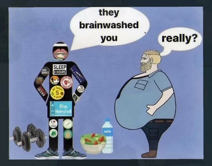 Funny cartoon on fitness and brainwashing with health icons and overweight man