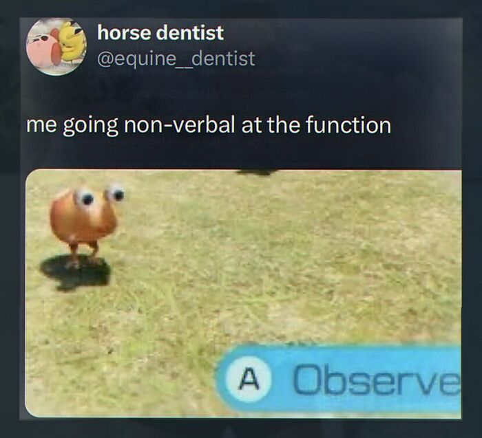 Funny tweet showing a character going non-verbal at a function with a quirky animated creature