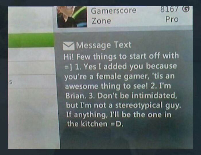 Screenshot of a message from a gamer named Brian to a female gamer, random funny image