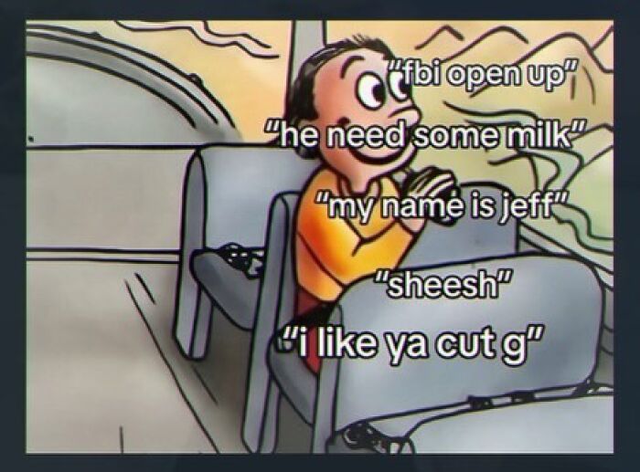 Cartoon character on bus with popular internet meme captions