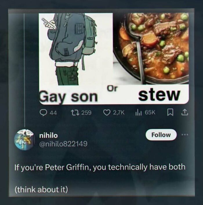 Funny meme comparing gay son and stew with Peter Griffin reference