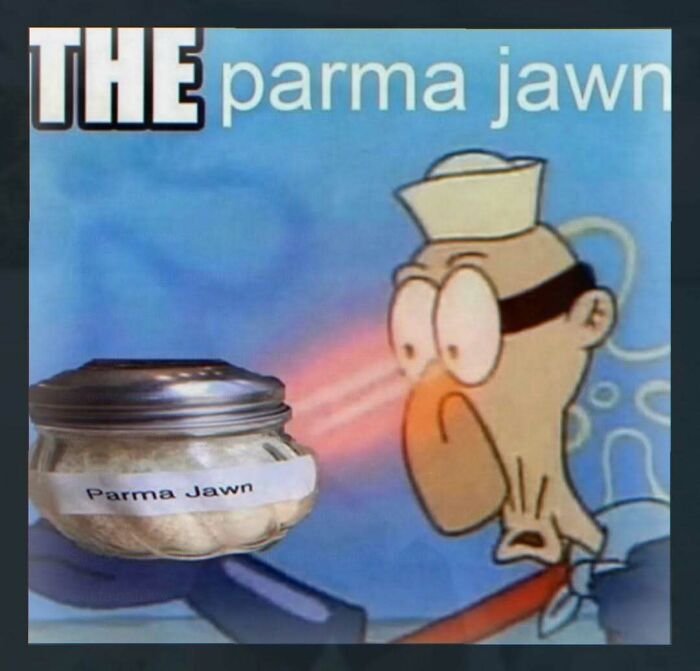 Weird cartoon image focusing on the phrase parma jawn