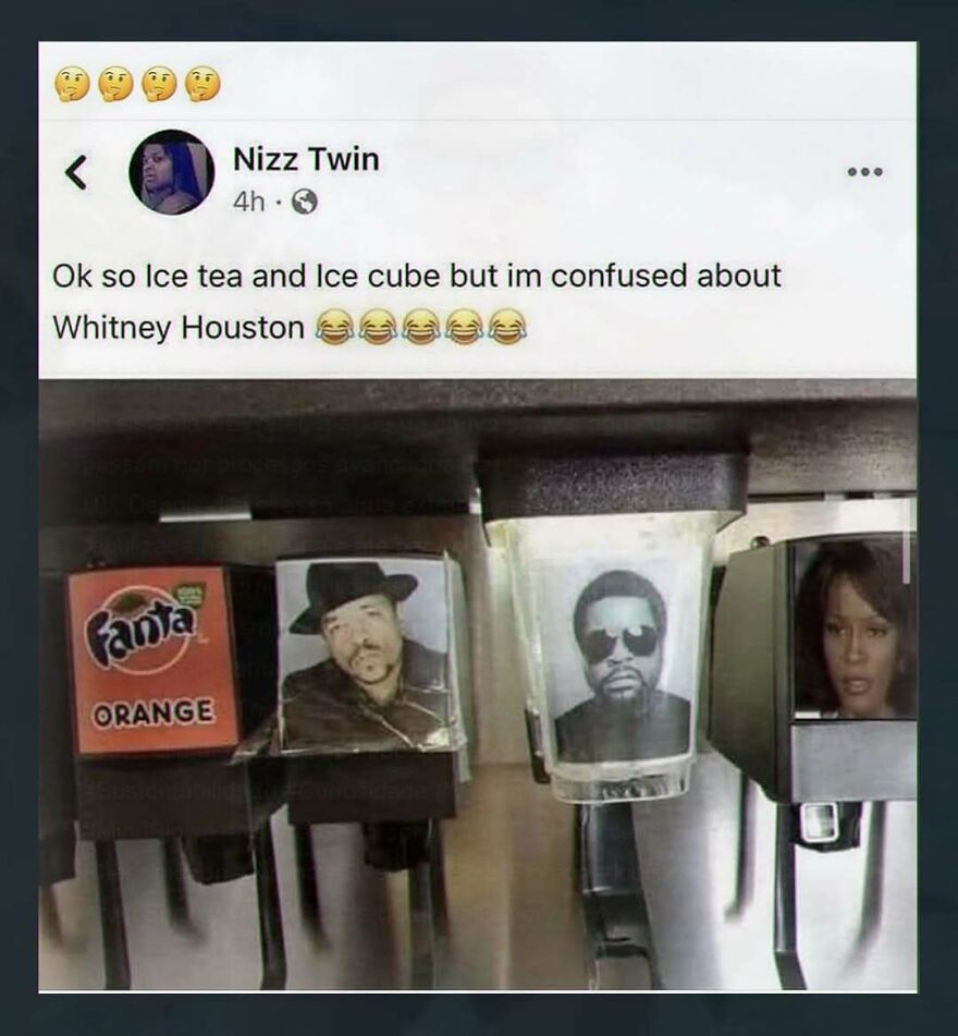 Social media post joking about confusion between ice tea, ice cube, and Whitney Houston